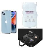 Silicone Bumper Case for iPhone 14 Plus (Transparent) | Camera Lens (Black) | Matte Finish Back Membrane screen Guard (Pack Of 3) Combo