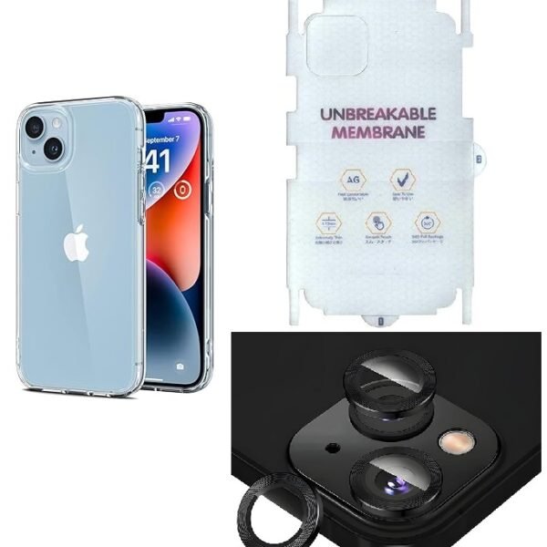 Silicone Bumper Case for iPhone 14 Plus (Transparent) | Camera Lens (Black) | Matte Finish Back Membrane screen Guard (Pack Of 3) Combo