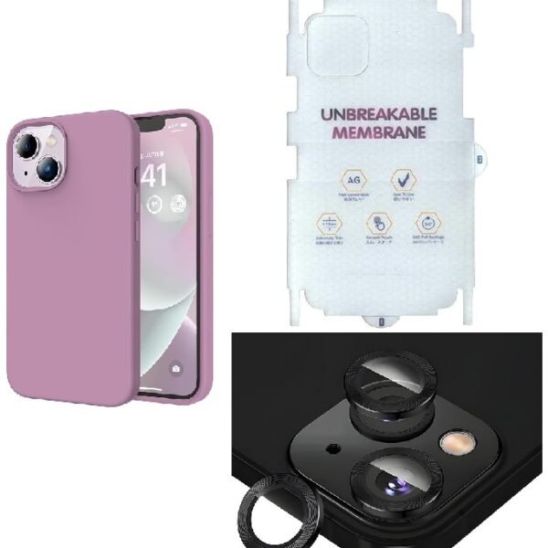 Silicone Bumper Case for iPhone 14 Plus (Purple) | Camera Lens (Black) | Matte Finish Back Membrane screen Guard (Pack Of 3) Combo