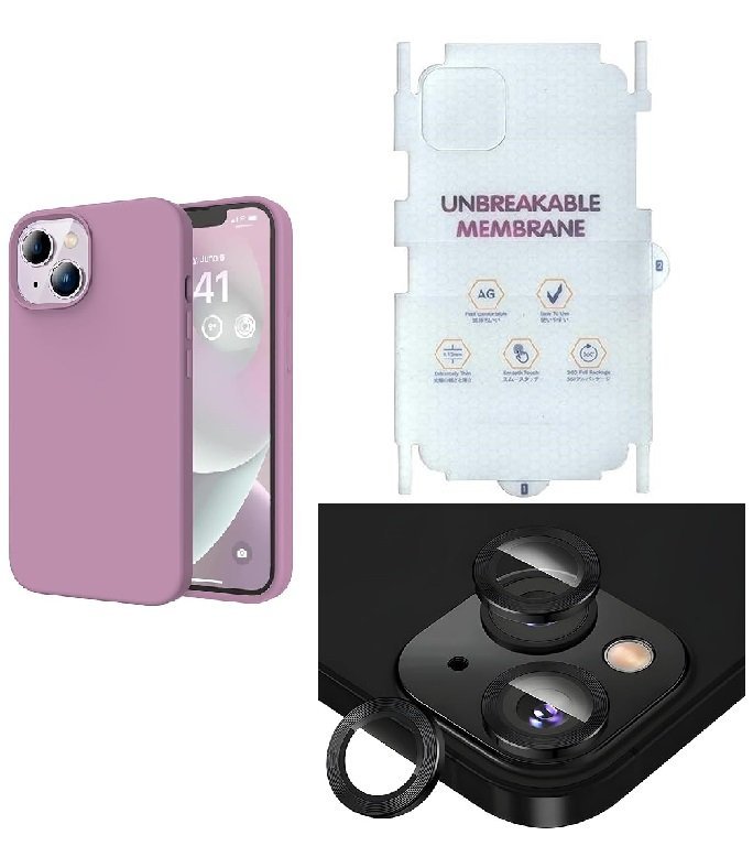 Silicone Bumper Case for iPhone 14 Plus (Purple) | Camera Lens (Black) | Matte Finish Back Membrane screen Guard (Pack Of 3) Combo
