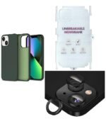 Silicone Bumper Case for iPhone 14 Plus (Green) | Camera Lens (Black) | Matte Finish Back Membrane screen Guard (Pack Of 3) Combo