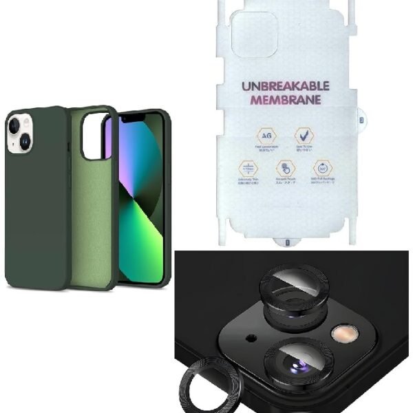 Silicone Bumper Case for iPhone 14 Plus (Green) | Camera Lens (Black) | Matte Finish Back Membrane screen Guard (Pack Of 3) Combo