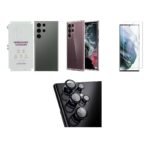 4 in 1 Combo Pack for Samsung Galaxy S22 Ultra – Transparent (Back Cover + Camera Lens Protector + Tempered Glass + Unbreakable Film)