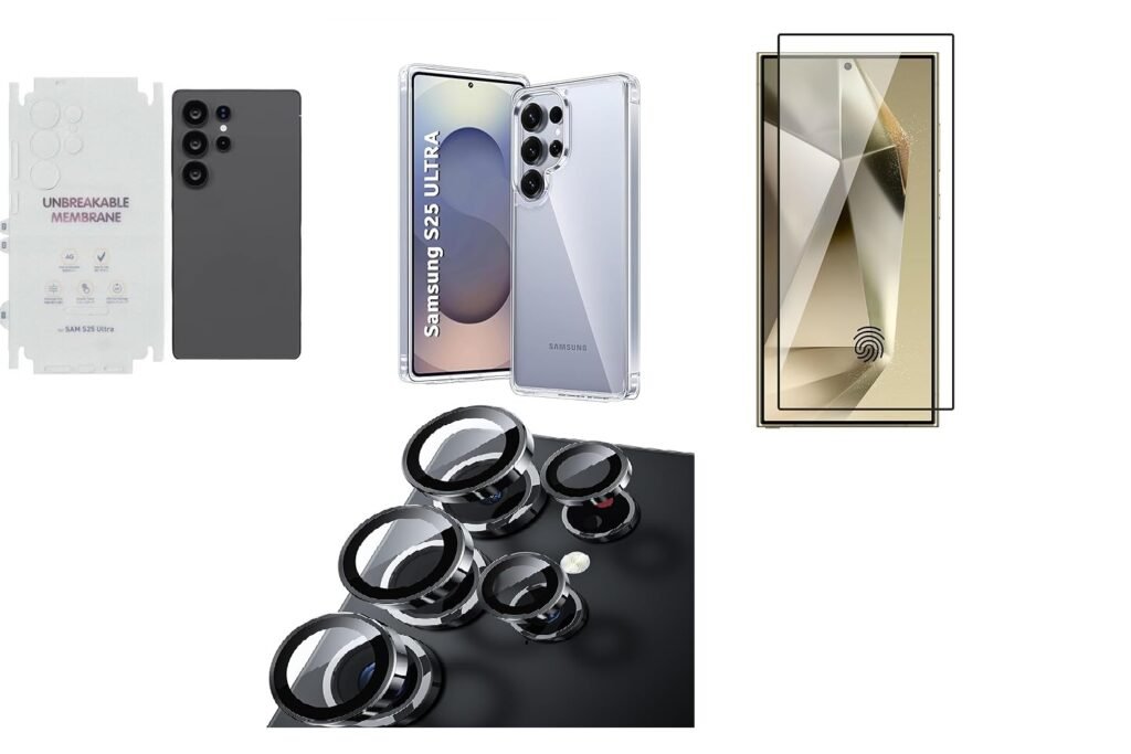 4 in 1 Combo Pack for Samsung Galaxy S25 Ultra – Black (Back Cover + Camera Lens Protector + Tempered Glass + Unbreakable Film)