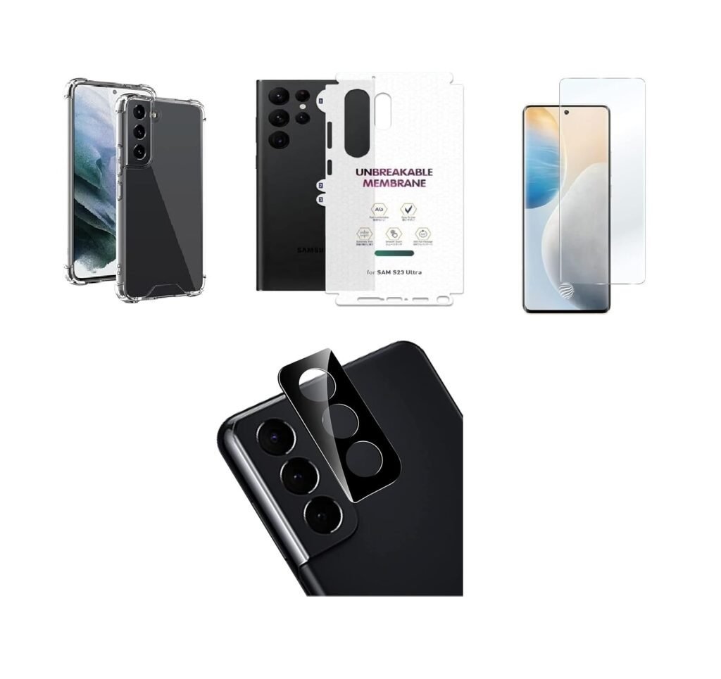 4 in 1 Combo Pack for Samsung Galaxy S22 Plus – Transparent (Back Cover + Camera Lens Protector + Tempered Glass + Unbreakable Film)