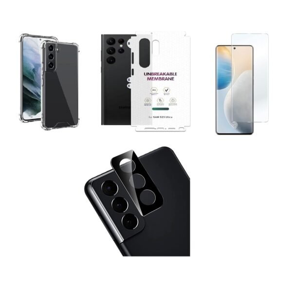 4 in 1 Combo Pack for Samsung Galaxy S22 Plus – Transparent (Back Cover + Camera Lens Protector + Tempered Glass + Unbreakable Film)