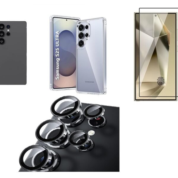 4 in 1 Combo Pack for Samsung Galaxy S25 Ultra – Black (Back Cover + Camera Lens Protector + Tempered Glass + Unbreakable Film)