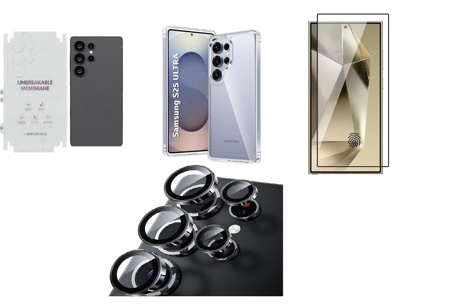 4 in 1 Combo Pack for Samsung Galaxy S25 Ultra – Black (Back Cover + Camera Lens Protector + Tempered Glass + Unbreakable Film) 4 in 1 Combo Pack for Samsung Galaxy S25 Ultra – Black (Back Cover + Camera Lens Protector + Tempered Glass + Unbreakable Film)