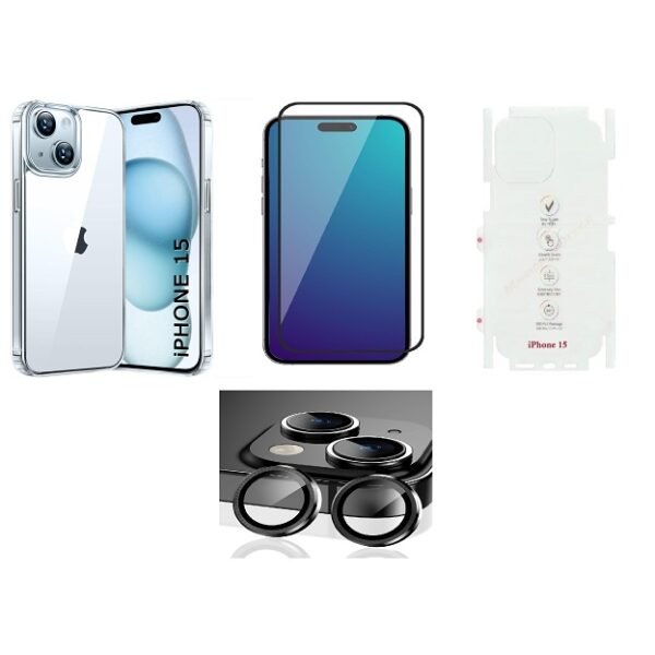 4 in 1 Combo Pack for iPhone 14 Pro Max – Transparent (Back Cover + Camera Lens Protector + Tempered Glass + Unbreakable Film)