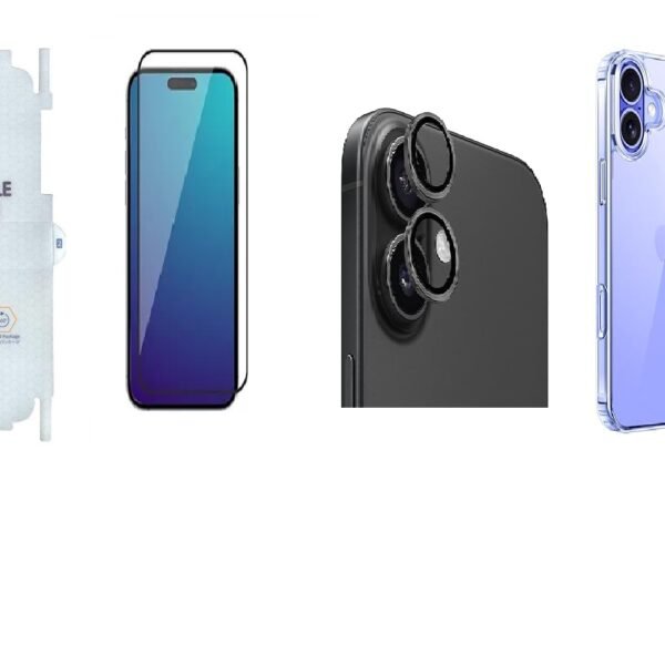 4 in 1 Combo Pack for IPhone 16 – Transparent (Back Cover + Camera Lens Protector + Tempered Glass + Unbreakable Film)