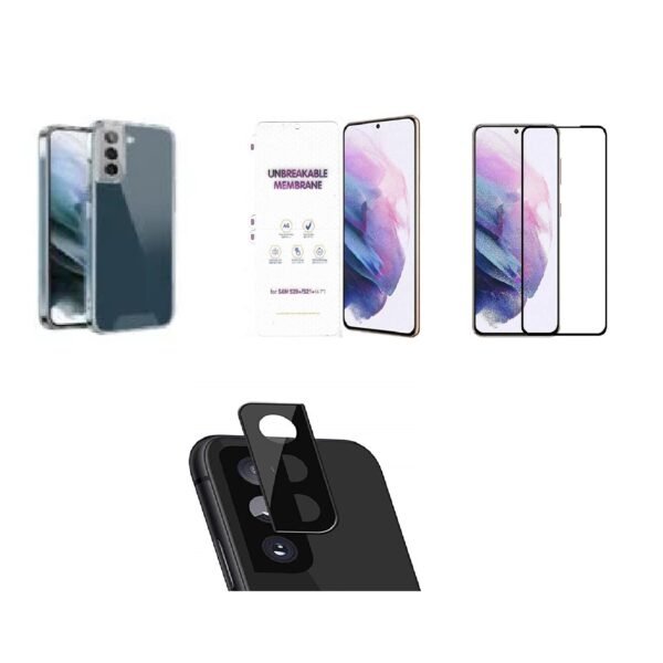 4 in 1 Combo Pack for Samsung Galaxy S21 – Transparent (Back Cover + Camera Lens Protector + Tempered Glass + Unbreakable Film)