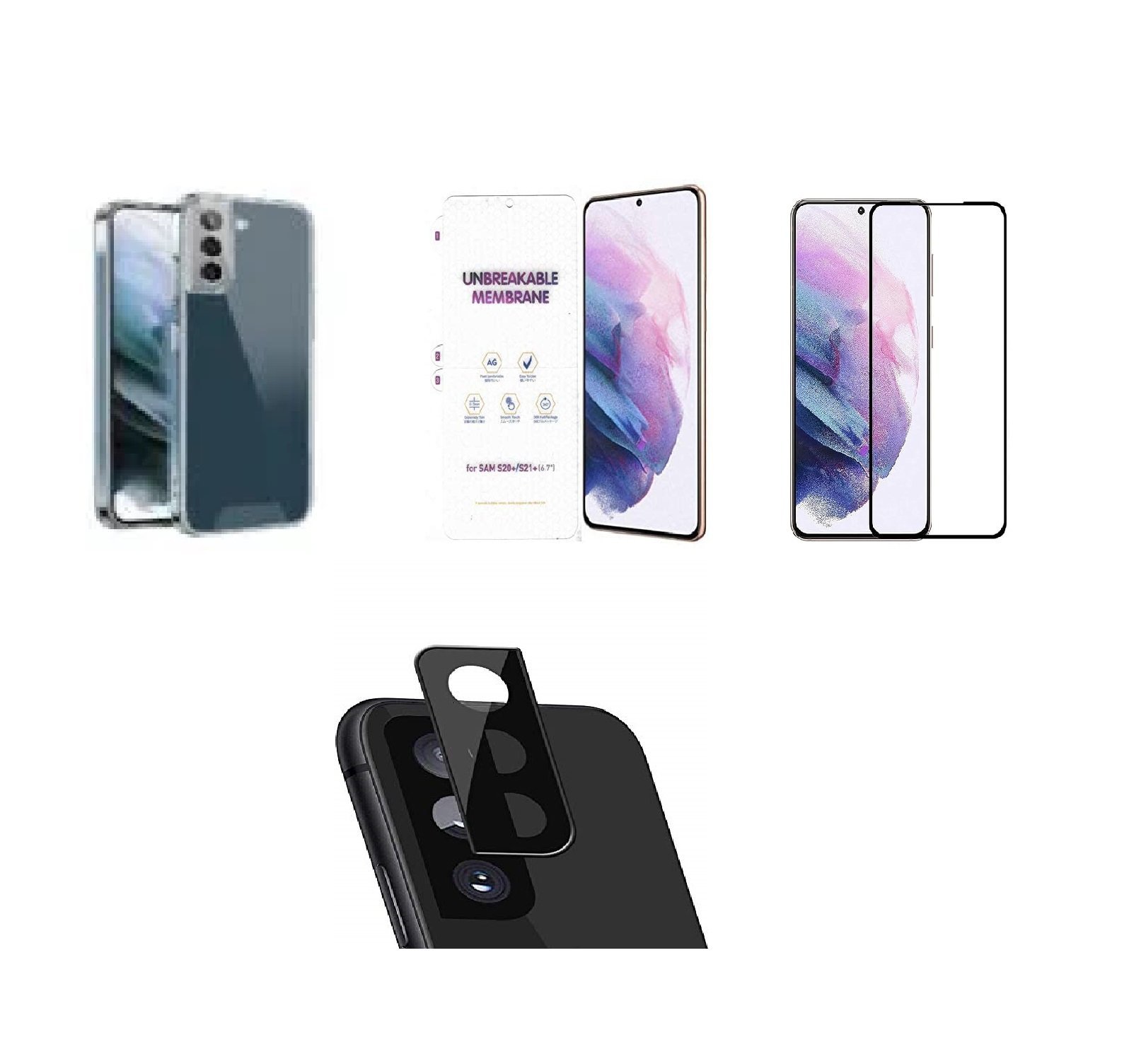 4 in 1 Combo Pack for Samsung Galaxy S21 – Transparent (Back Cover + Camera Lens Protector + Tempered Glass + Unbreakable Film) 4 in 1 Combo Pack for Samsung Galaxy S21 – Transparent (Back Cover + Camera Lens Protector + Tempered Glass + Unbreakable Film)