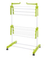 Clothes Stand for Drying with Wheels | Portable | 2 Layer Rack for Balcony | Foldable Wings | 14 Hanger Rods | Alloy Steel & Plastic (White & Green)