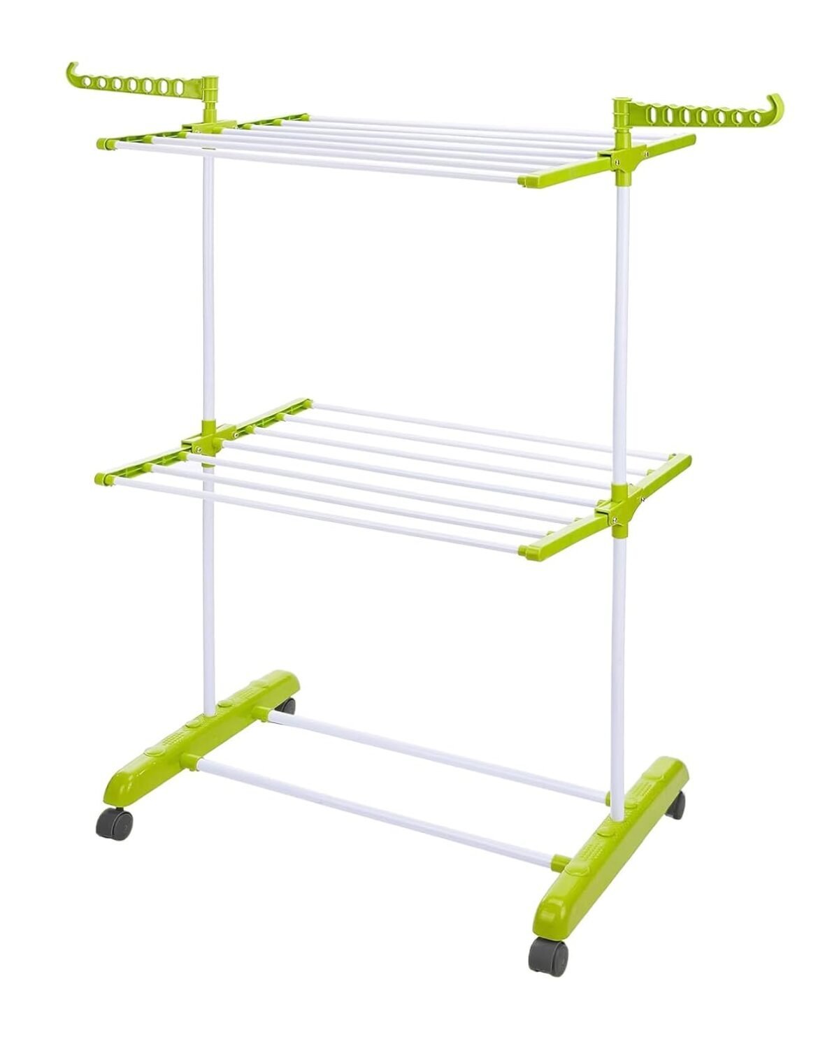 Clothes Stand for Drying with Wheels | Portable | 2 Layer Rack for Balcony | Foldable Wings | 14 Hanger Rods | Alloy Steel & Plastic (White & Green)