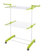 Clothes Stand for Drying with Wheels | Portable | 2 Layer Rack for Balcony | Foldable Wings | 14 Hanger Rods | Alloy Steel & Plastic (White & Green)