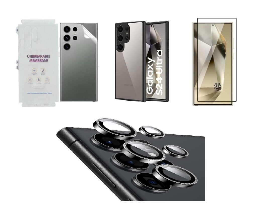 Accessories Combo for Samsung Galaxy S24 Ultra | Tempered Glass | Back Membrane | Original Silicone Case with Camera Rings (4-in-1 Combo)