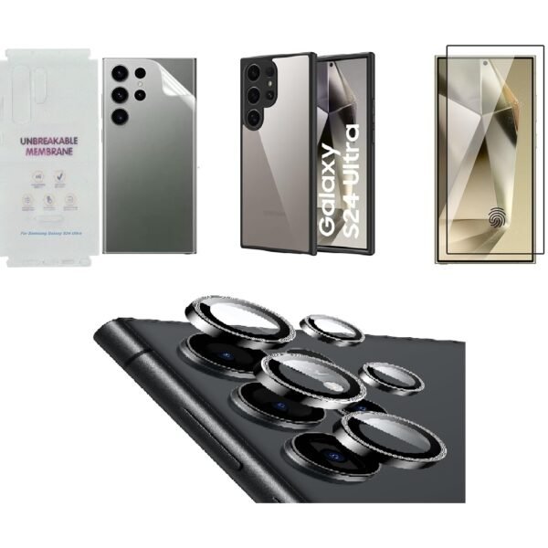 Accessories Combo for Samsung Galaxy S24 Ultra | Tempered Glass | Back Membrane | Original Silicone Case with Camera Rings (4-in-1 Combo)