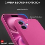 Silicone Bumper Case for iPhone 16 Plus (Pink) | Camera Lens (Black) | Matte Finish Back Membrane screen Guard (Pack Of 3) Combo