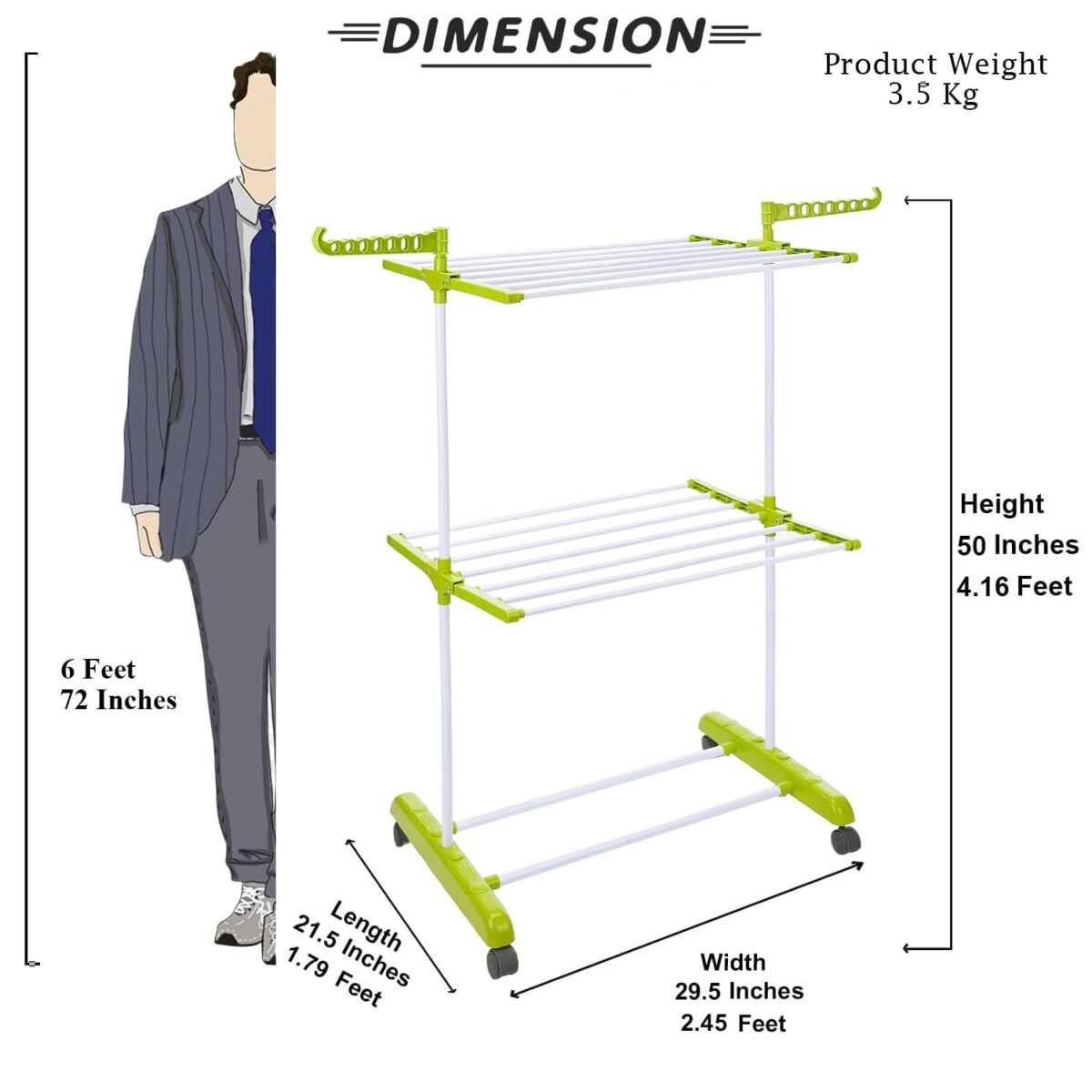 Clothes Stand for Drying with Wheels | Portable | 2 Layer Rack for Balcony | Foldable Wings | 14 Hanger Rods | Alloy Steel & Plastic (White & Green)