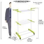 Clothes Stand for Drying with Wheels | Portable | 2 Layer Rack for Balcony | Foldable Wings | 14 Hanger Rods | Alloy Steel & Plastic (White & Green)