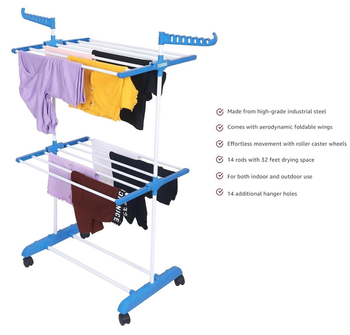 Clothes Stand for Drying with Wheels | Portable | 2 Layer Rack for Balcony | Foldable Wings | 14 Hanger Rods | Alloy Steel & Plastic (White & Sky Blue)