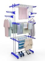 Stainless Steel Foldable Cloth Drying Stand/Clothes Stand for Drying/Cloth Stand/Clothes Dryer/Laundry Racks with Wheels (Blue 3 Tier Stand)