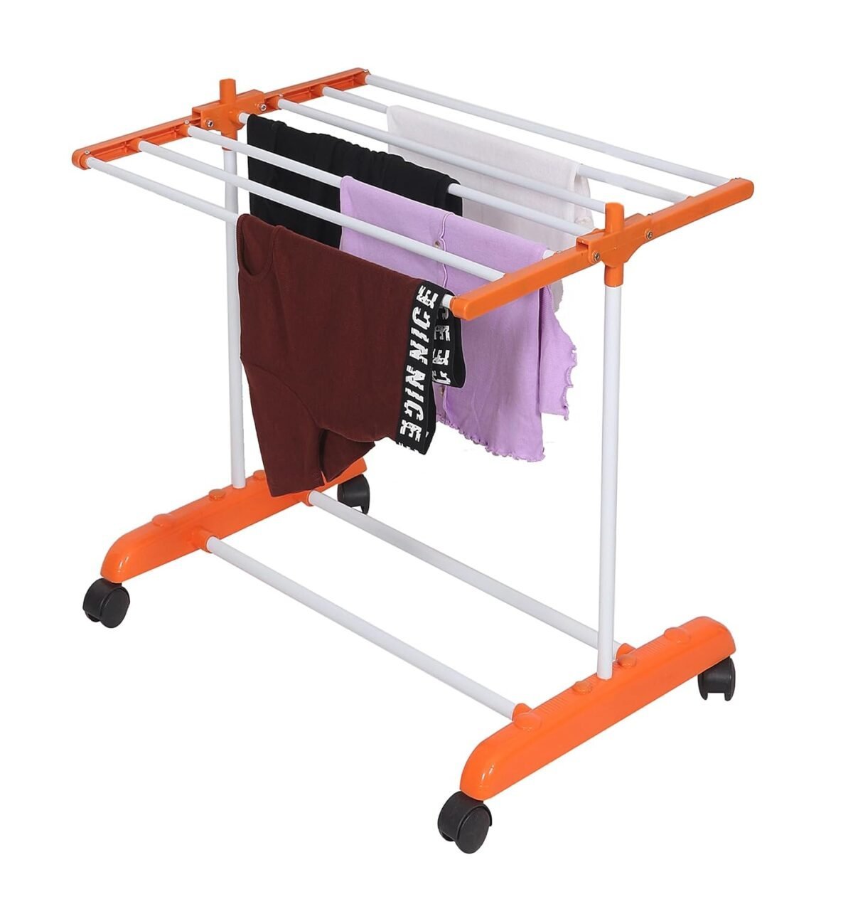 Clothes Stand for Drying with Wheels | Portable | 1 Layer Rack for Balcony | Foldable Wings | 7 Hanger Rods | Alloy Steel & Plastic (White & Orange)
