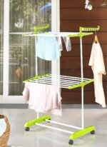 Clothes Stand for Drying with Wheels | Portable | 2 Layer Rack for Balcony | Foldable Wings | 14 Hanger Rods | Alloy Steel & Plastic (White & Green)