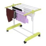 Clothes Stand for Drying with Wheels | Portable | 1 Layer Rack for Balcony | Foldable Wings | 7 Hanger Rods | Alloy Steel & Plastic (White & Green)