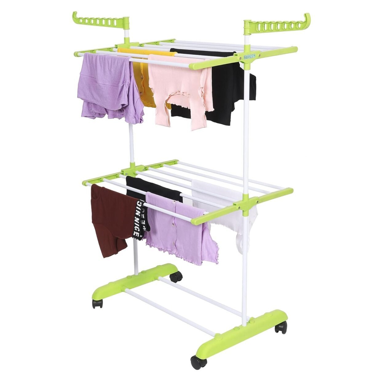 Clothes Stand for Drying with Wheels | Portable | 2 Layer Rack for Balcony | Foldable Wings | 14 Hanger Rods | Alloy Steel & Plastic (White & Green)