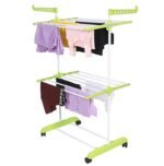 Clothes Stand for Drying with Wheels | Portable | 2 Layer Rack for Balcony | Foldable Wings | 14 Hanger Rods | Alloy Steel & Plastic (White & Green)