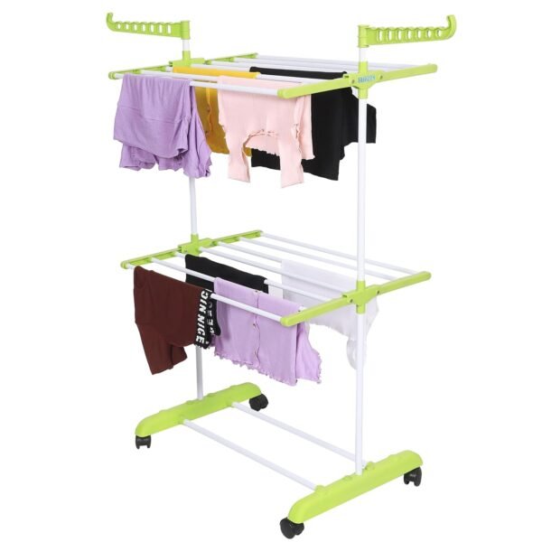 Clothes Stand for Drying with Wheels | Portable | 2 Layer Rack for Balcony | Foldable Wings | 14 Hanger Rods | Alloy Steel & Plastic (White & Green)