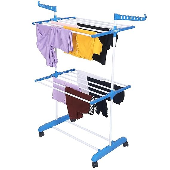 Clothes Stand for Drying with Wheels | Portable | 2 Layer Rack for Balcony | Foldable Wings | 14 Hanger Rods | Alloy Steel & Plastic (White & Sky Blue)