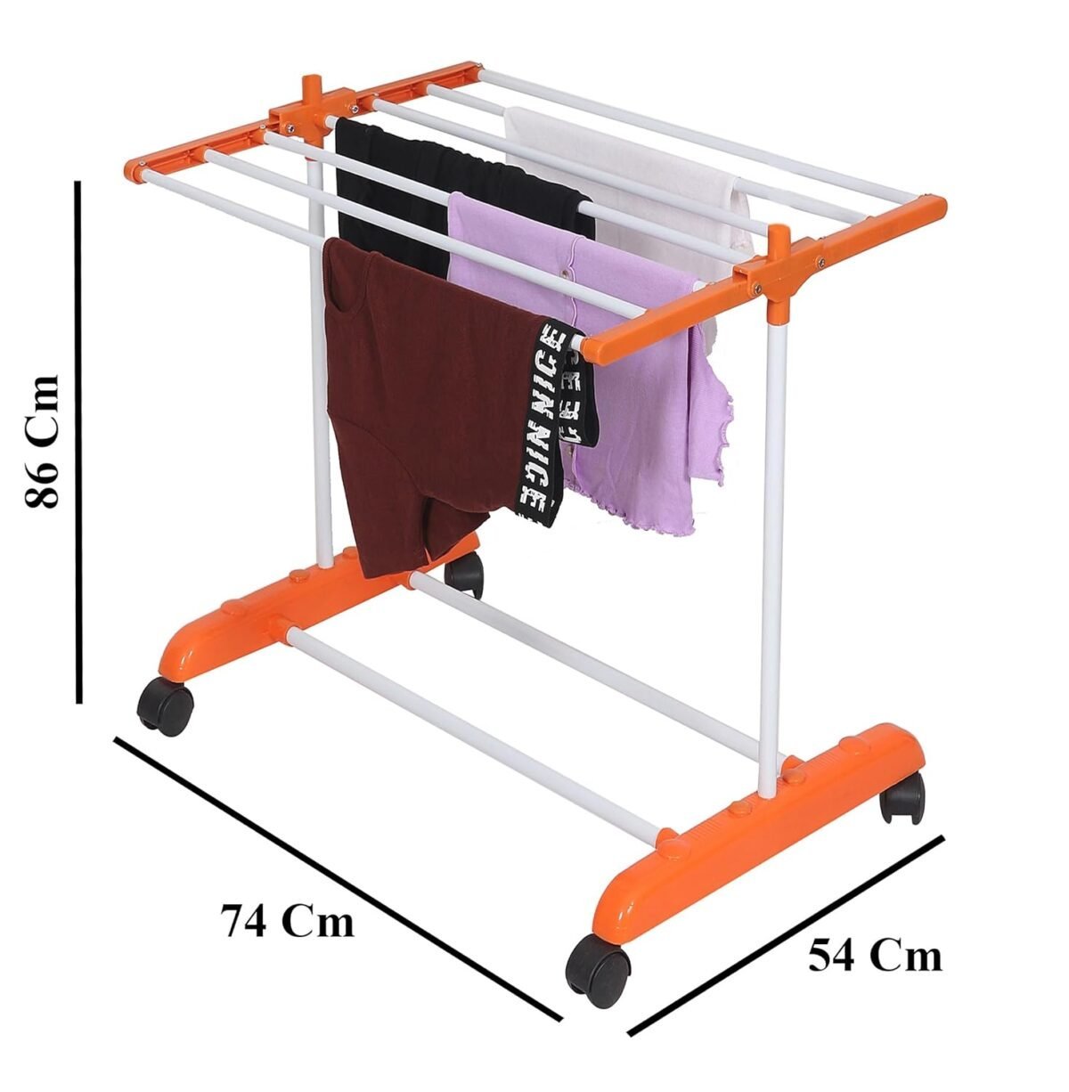 Clothes Stand for Drying with Wheels | Portable | 1 Layer Rack for Balcony | Foldable Wings | 7 Hanger Rods | Alloy Steel & Plastic (White & Orange)