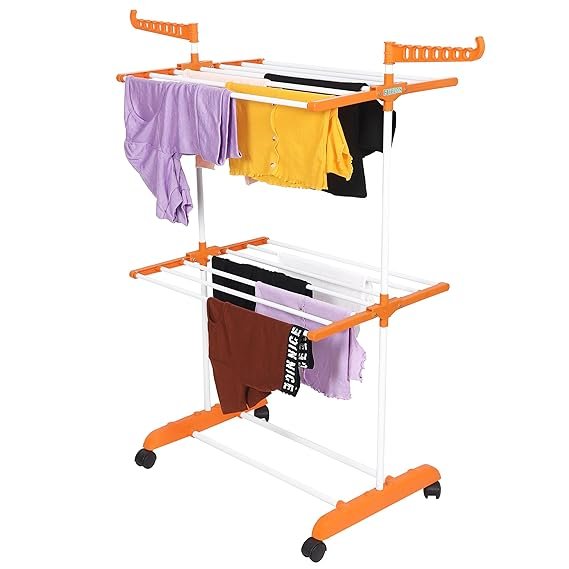 Clothes Stand for Drying with Wheels | Portable | 2 Layer Rack for Balcony | Foldable Wings | 14 Hanger Rods | Alloy Steel & Plastic (White & Orange)
