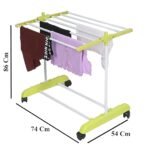 Clothes Stand for Drying with Wheels | Portable | 1 Layer Rack for Balcony | Foldable Wings | 7 Hanger Rods | Alloy Steel & Plastic (White & Green)