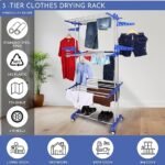 Stainless Steel Foldable Cloth Drying Stand/Clothes Stand for Drying/Cloth Stand/Clothes Dryer/Laundry Racks with Wheels (Blue 3 Tier Stand)