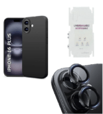 Silicone Bumper Case for iPhone 16 Plus (Black) | Camera Lens (Black) | Matte Finish Back Membrane screen Guard (Pack Of 3) Combo