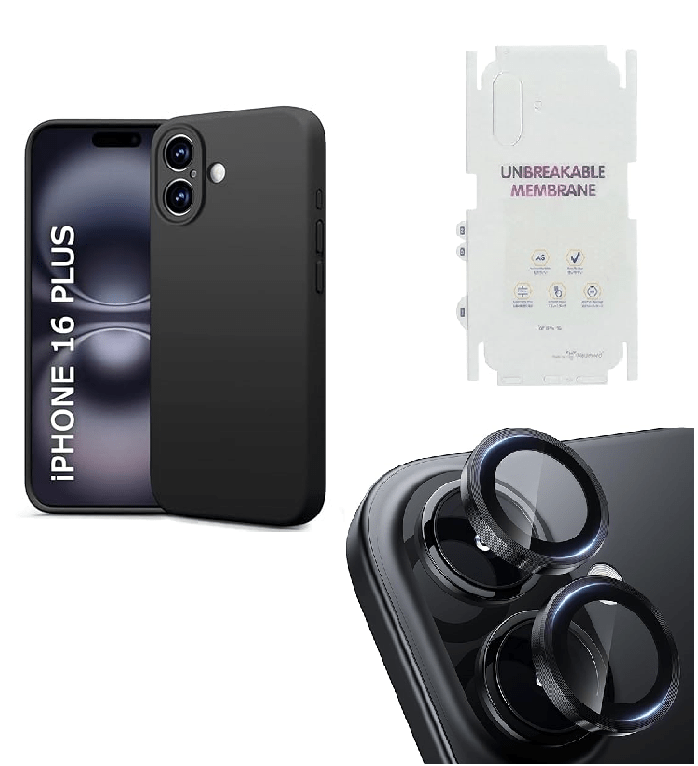 Silicone Bumper Case for iPhone 16 Plus (Black) | Camera Lens (Black) | Matte Finish Back Membrane screen Guard (Pack Of 3) Combo