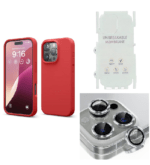 Silicone Bumper Case for iPhone 16 Pro Max (Red) | Camera Lens (White) | Matte Finish Back Membrane screen Guard (Pack Of 3) Combo