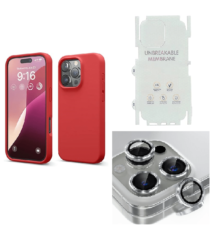 Silicone Bumper Case for iPhone 16 Pro Max (Red) | Camera Lens (White) | Matte Finish Back Membrane screen Guard (Pack Of 3) Combo