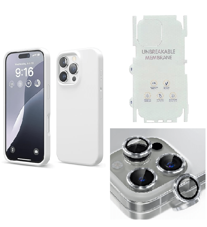 Silicone Bumper Case for iPhone 16 Pro Max (White) | Camera Lens (White) | Matte Finish Back Membrane screen Guard (Pack Of 3) Combo