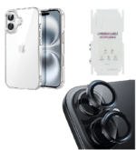 Silicone Bumper Case for iPhone 16 Plus (Trasparent) | Camera Lens (Black) | Matte Finish Back Membrane screen Guard (Pack Of 3) Combo