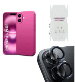 Silicone Bumper Case for iPhone 16 Plus (Pink) | Camera Lens (Black) | Matte Finish Back Membrane screen Guard (Pack Of 3) Combo