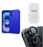 Silicone Bumper Case for iPhone 16 Plus (Blue) | Camera Lens (Black) | Matte Finish Back Membrane screen Guard (Pack Of 3) Combo