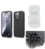 Silicone Bumper Case for iPhone 16 Pro (Black) | Camera Lens (Black) | Matte Finish Back Membrane screen Guard (Pack Of 3) Combo