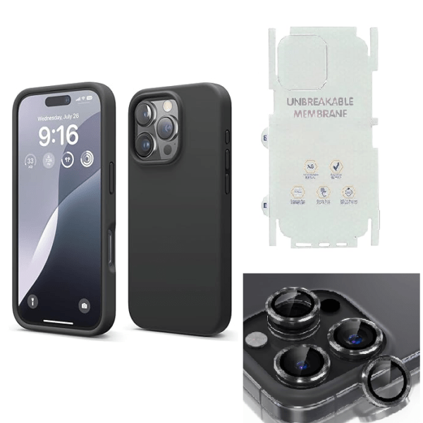 Silicone Bumper Case for iPhone 16 Pro (Black) | Camera Lens (Black) | Matte Finish Back Membrane screen Guard (Pack Of 3) Combo