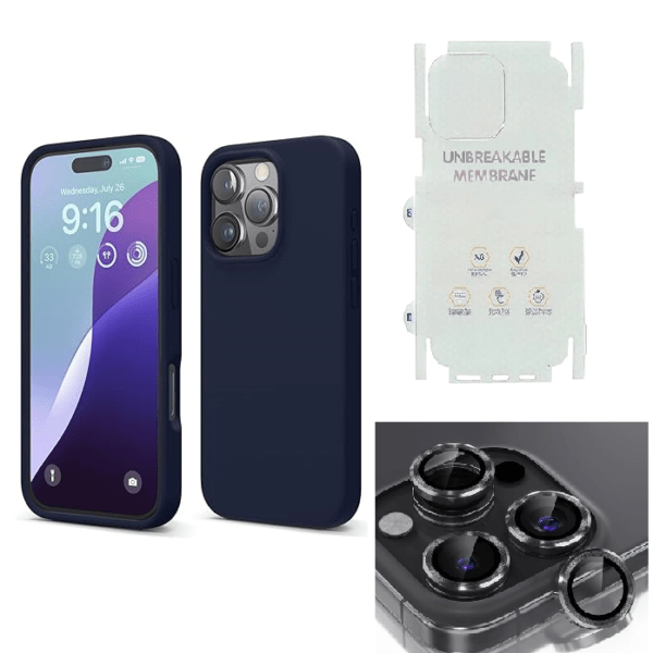 Silicone Bumper Case for iPhone 16 Pro (Blue) | Camera Lens (Black) | Matte Finish Back Membrane screen Guard (Pack Of 3) Combo