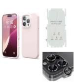 Silicone Bumper Case for iPhone 16 Pro (Pink) | Camera Lens (Black) | Matte Finish Back Membrane screen Guard (Pack Of 3) Combo