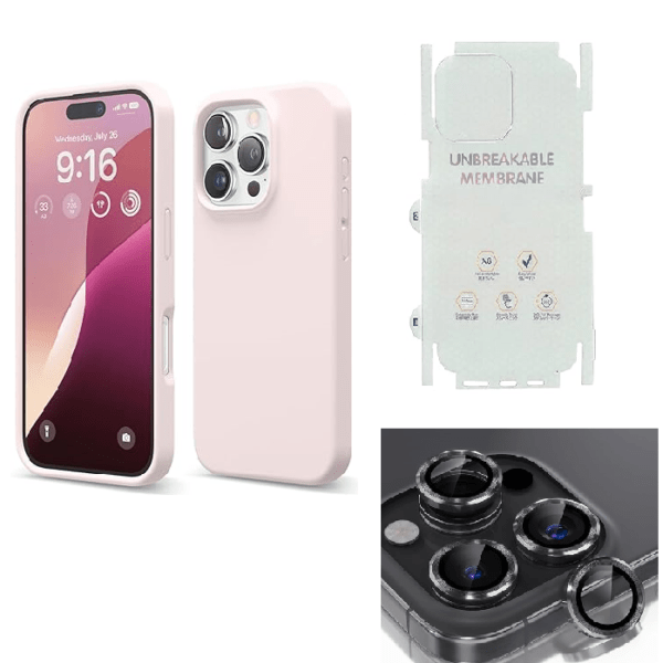 Silicone Bumper Case for iPhone 16 Pro (Pink) | Camera Lens (Black) | Matte Finish Back Membrane screen Guard (Pack Of 3) Combo